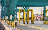 Giant wharf cranes in container terminal