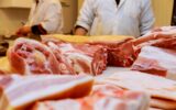 Raw sliced meat with spices, food concept. disassembly of pork carcass in the market
