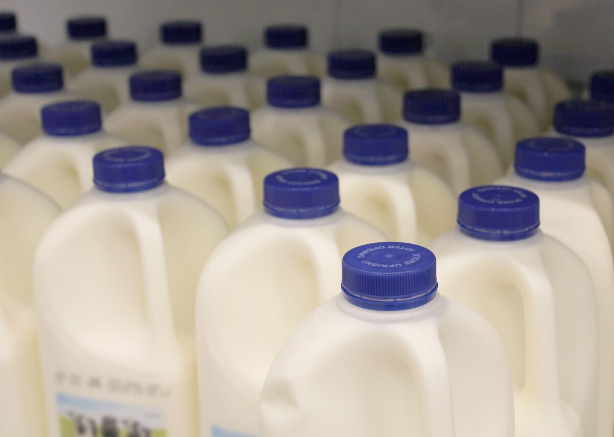 Bottles of milk on display at the supermarket